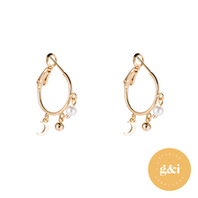 Load image into Gallery viewer, 14k gold pearl and moon drop earrings