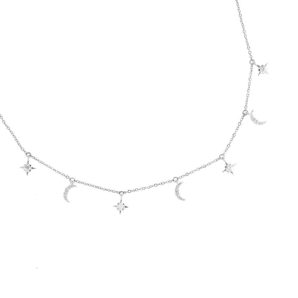 silver cubic zirconias Moon & Star Necklace