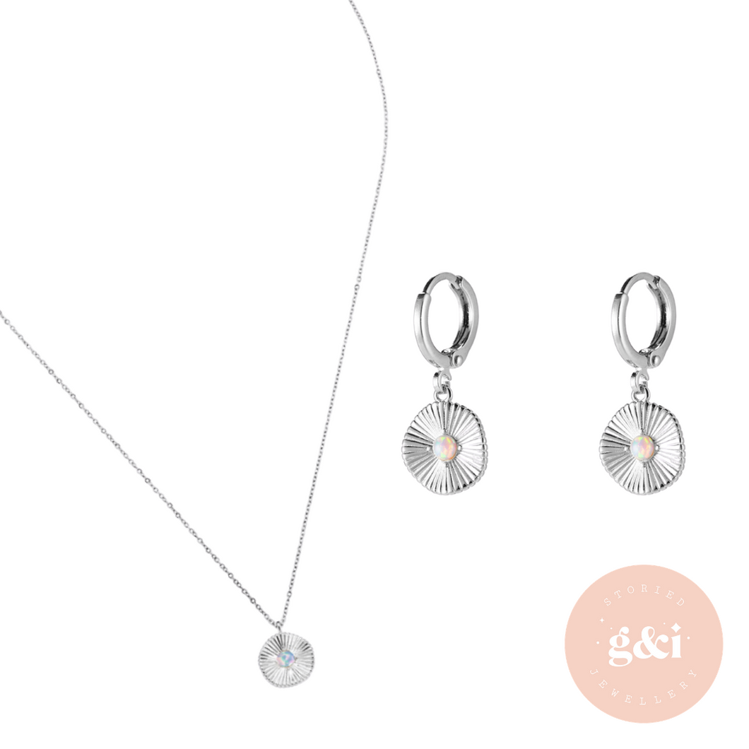 White Gold plated opal earrings and necklace set