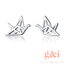 Load image into Gallery viewer, Origami Crane Bird Silver Stud Earrings
