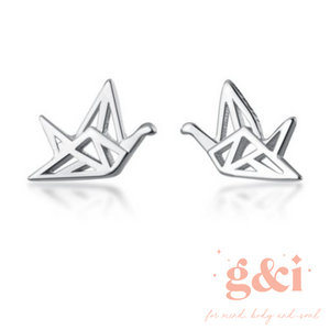 Origami Crane Bird Silver Stud Earrings