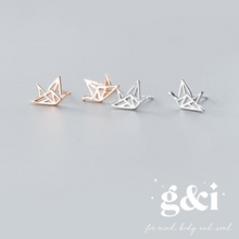 Load image into Gallery viewer, Origami Crane Bird Rose Gold Stud Earrings
