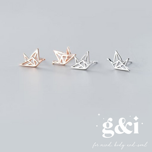 Origami Crane Bird Rose Gold Stud Earrings